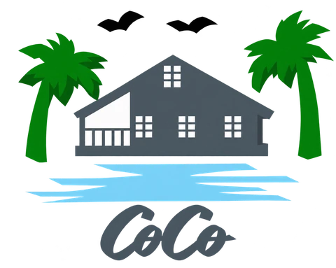 Sigla Casa Coco: casa, doi palmieri, marea și scrisul CoCo